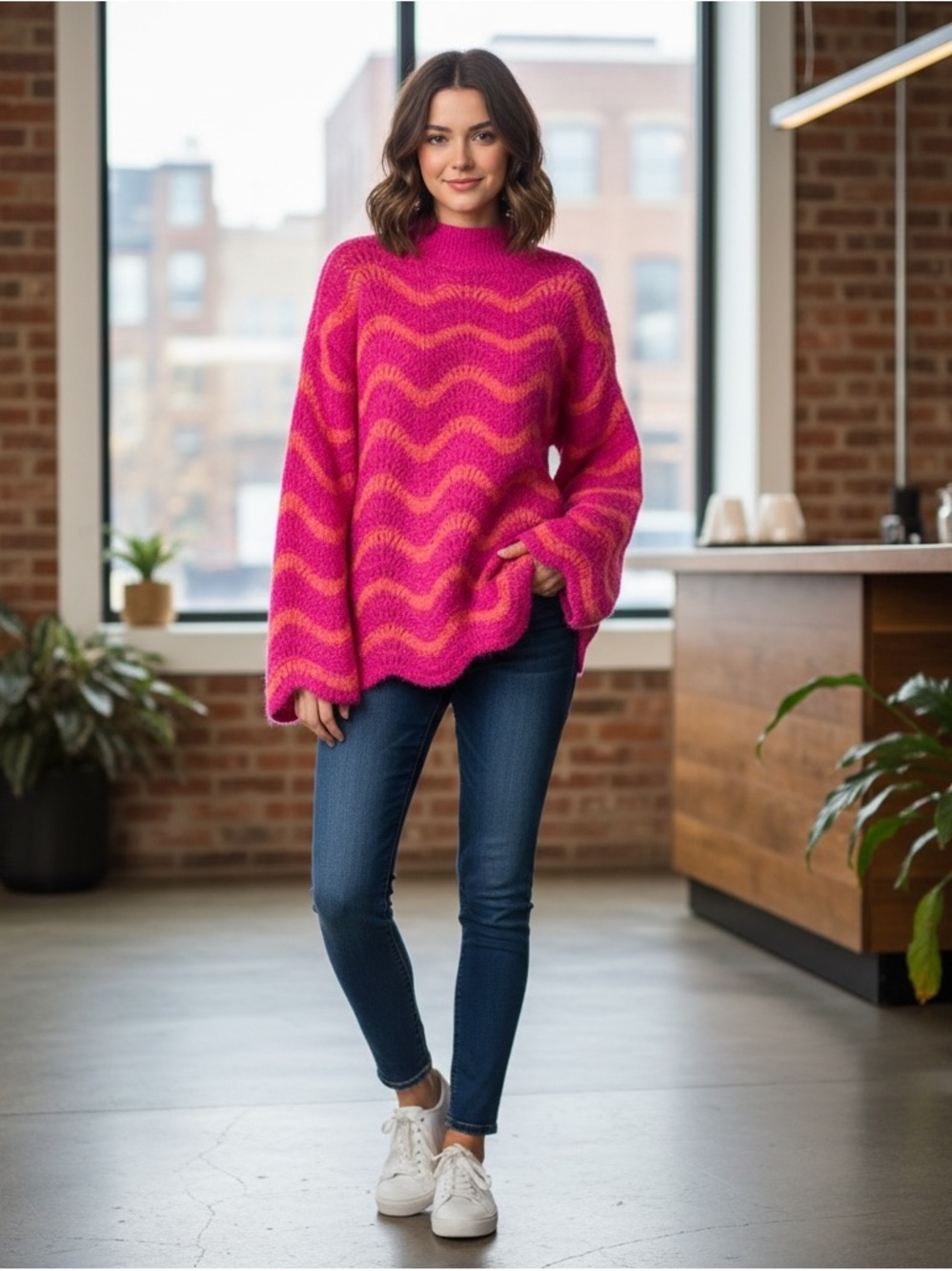 JODIFL M Scalloped bottom & sleeves Pullover Sweater NWT pink & peachy orange